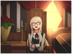 Rule 34 | 10s, 1girl, aikatsu!, aikatsu! (series), blonde hair, candle, candlestand, cup, dress, closed eyes, fang, glasses, highres, hitoto, long hair, looking at viewer, open mouth, saucer, sitting, smile, solo, teacup, todo yurika