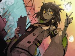 Rule 34 | 1girl, absurdres, arknights, armband, black nails, brown hair, buttons, clipboard, coat, feather hair, glasses, hair between eyes, highres, holding, holding pen, id card, kensei (v2), looking at viewer, looking down, nail polish, open mouth, orange eyes, owl ears, pen, rhine lab logo, semi-rimless eyewear, short hair, shorts, silence (arknights), solo, upper body, white coat, window