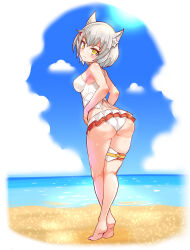 Rule 34 | 1girl, animal ears, ass, bare shoulders, barefoot, beach, bikini, breasts, cat ears, cougar (cougar1404), crossed ankles, from behind, full body, grey hair, looking at viewer, looking back, medium breasts, mio (xenoblade), ocean, one-piece swimsuit, orange eyes, sand, shiny clothes, shiny skin, short hair, sideboob, solo, standing, swimsuit, thigh strap, tiptoes, water, wedgie, xenoblade chronicles (series), xenoblade chronicles 3