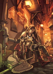 Rule 34 | 1boy, 2girls, aerith gainsborough, alley, arm guards, bandages, bandaid, bandaid on face, black thighhighs, box, braid, braided ponytail, buster sword, cloud strife, comforting, crop top, cropped jacket, diana mercolini, dress, elbow gloves, final fantasy, final fantasy vii, final fantasy vii remake, fingerless gloves, gloves, hand on another&#039;s head, jacket, looking at another, materia, midgar, multiple girls, night, pink dress, red jacket, sitting, sleeping, smile, spiked hair, square enix, staff, suspenders, sword, tank top, thighhighs, tifa lockhart, torn clothes, torn legwear, weapon, weapon on back, yuri