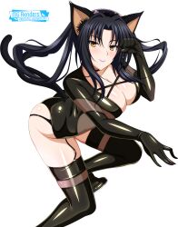 Rule 34 | 1girl, animal ear fluff, animal ears, ass, black gloves, black thighhighs, blush, boots, breasts, cat ears, cat girl, cat tail, character name, cleavage, female focus, garter straps, gloves, hair rings, hairband, high school dxd, high school dxd born, highres, indoors, kuroka (high school dxd), large breasts, leotard, lipstick, long hair, looking at viewer, makeup, multiple tails, official art, open mouth, paw pose, purple lips, sideboob, slit pupils, smile, solo, tail, thigh boots, thighhighs, transparent background, watermark, web address, yellow eyes