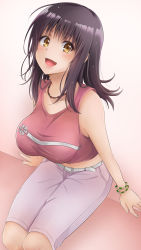 Rule 34 | 1girl, bad id, bad pixiv id, blouse, blush, bracelet, breasts, brown eyes, brown hair, covered erect nipples, highres, itsuwa, jewelry, large breasts, necklace, open mouth, pink shirt, shirt, sitting, sleeveless, sleeveless shirt, smile, solo, tina1213, toaru majutsu no index