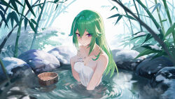 Rule 34 | 1girl, absurdres, alternate hairstyle, aquilar, bamboo, bathing, black nails, blush, breasts, bucket, collarbone, commentary request, covering privates, genshin impact, green hair, hair between eyes, hair down, highres, holding, holding towel, kuki shinobu, long hair, looking at viewer, medium breasts, nail polish, naked towel, nature, nude cover, onsen, outdoors, partially submerged, purple eyes, sidelocks, smile, solo, steam, towel, water, wet, wet towel, wooden bucket