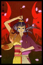 Rule 34 | 1boy, black border, blue eyes, blunt bangs, border, commentary request, hair ribbon, holding, holding sword, holding weapon, japanese clothes, kikunojo (one piece), kimono, looking at viewer, male focus, mask, obi, one piece, pink sash, ponytail, red background, red lips, red ribbon, ribbon, s411637, sash, sidelocks, solo, sword, upper body, weapon, yellow kimono