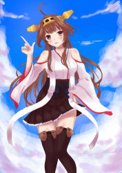 Rule 34 | 10s, 1girl, ahoge, bare shoulders, boots, brown hair, cloud, day, detached sleeves, double bun, hairband, hand on own hip, harami, headgear, highres, japanese clothes, kantai collection, kongou (kancolle), long hair, nontraditional miko, ribbon-trimmed sleeves, ribbon trim, sky, solo, thigh boots, thighhighs, zettai ryouiki