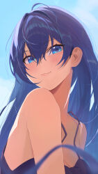 Rule 34 | 1girl, absurdres, bare shoulders, blue eyes, blue hair, blue sky, blurry, blurry foreground, blush, breasts, camisole, closed mouth, commentary request, day, depth of field, edible sus, hair between eyes, highres, looking at viewer, original, outdoors, purple camisole, sky, solo, spaghetti strap, upper body