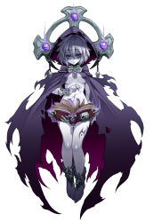 Rule 34 | 1girl, barefoot, book, breasts, celtic cross, cloak, cross, full body, gem, glowing, glowing eyes, goth fashion, hair between eyes, hood, jewelry, kenkou cross, lich (monster girl encyclopedia), looking at viewer, medium breasts, monster girl, monster girl encyclopedia, naked cloak, navel, necromancer, official art, pale skin, purple eyes, shaded face, short hair, silver hair, simple background, solo, tattoo, undead, white background