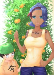 Rule 34 | 1boy, 1girl, arm tattoo, bare arms, bare shoulders, black hair, blue eyes, chabo (one piece), chest tattoo, closed mouth, dark-skinned female, dark skin, dorayaki1114, food, fruit, green headwear, hair ribbon, hairband, hat, highres, holding, holding food, holding fruit, looking at viewer, nojiko, one piece, orange (fruit), ribbon, short hair, short sleeves, smile, tattoo, tree