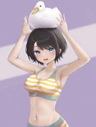 Rule 34 | 1girl, adapted costume, animal, animal on head, armpits, arms up, bird, black hair, blue eyes, blush, bra, breasts, cleavage, collarbone, commentary request, duck, eyelashes, highres, hololive, large breasts, looking at viewer, medium breasts, medium hair, navel, nekorone0222, on head, oozora subaru, oozora subaru (hololive summer 2019), open mouth, purple background, shiny skin, sidelocks, solo, sports bra, stomach, striped bra, striped clothes, striped sports bra, swept bangs, teeth, tongue, underwear, upper body, upper teeth only, virtual youtuber