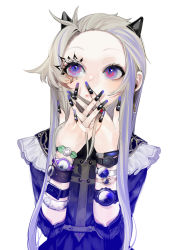 Rule 34 | 1girl, absurdres, black dress, black nails, blush, dress, eye focus, eyelashes, facial mark, fingernails, forehead, grey hair, hair slicked back, hand to own mouth, hands up, herme (ohisashiburi), highres, horns, interlocked fingers, light blush, long fingernails, long sleeves, looking up, multicolored eyes, multicolored hair, multicolored nails, nail art, nail polish, ohisashiburi, original, own hands together, parted lips, pink eyes, purple eyes, purple hair, purple nails, short hair with long locks, sidelocks, simple background, slit pupils, solo, too many, too many wristwatches, two-tone hair, upper body, watch, white background, wristband, wristwatch