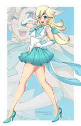 Rule 34 | 1girl, :d, ;d, bishoujo senshi sailor moon, blonde hair, blue eyes, cosplay, crossover, earrings, elbow gloves, gloves, hand on own hip, high heels, jewelry, lindaroze, looking at viewer, mario (series), nintendo, one eye closed, open mouth, rosalina, sailor senshi uniform, smile, solo, super mario galaxy, unofficial sailor senshi uniform, v, v over eye, watermark, web address