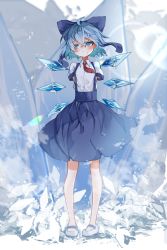 Rule 34 | 1girl, :&lt;, absurdres, adapted costume, ahoge, arms behind back, blue bow, blue skirt, blue theme, blush, bow, cirno, closed mouth, crossed bangs, full body, hair between eyes, hair bow, half-closed eyes, highres, ice, ice wings, jitome, looking to the side, necktie, outdoors, red necktie, shirt, short hair, short sleeves, skirt, solo, standing, suspenders, touhou, tsune (tune), white shirt, wing collar, wings