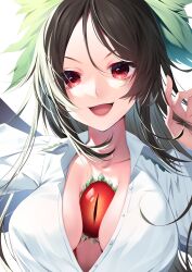 Rule 34 | 1girl, :d, absurdres, black hair, bow, breasts, chest jewel, cleavage, commentary request, green bow, hair bow, highres, kaede (mmkeyy), large breasts, long hair, looking at viewer, open mouth, red eyes, reiuji utsuho, simple background, smile, solo, third eye on chest, touhou, upper body, white background