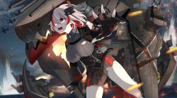 Rule 34 | 1girl, aircraft, airplane, angry, azur lane, blonde hair, breasts, brown eyes, commentary, cross, hair between eyes, headgear, highres, iron cross, jacket, large breasts, long sleeves, multicolored hair, ocean, open mouth, red hair, rigging, roon (azur lane), short hair, skirt, solo, streaked hair, torn clothes, yamaha tsui