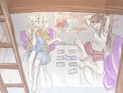 Rule 34 | &gt; &lt;, 10s, 2girls, bed, blonde hair, brown hair, bunk bed, diana cavendish, closed eyes, hand on own cheek, hand on own face, high ponytail, kagari atsuko, little witch academia, long hair, mukiki, multiple girls, pain, poster (medium), poster (object), sketch, spread legs