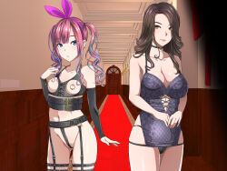 Rule 34 | 2girls, amai wakusei, black hair, blue eyes, blurry, breastless clothes, breasts, brown eyes, choker, cleavage, closed mouth, depth of field, door, ear piercing, feet out of frame, female focus, garter belt, garter straps, groin, hand up, highres, indoors, large breasts, legs, lingerie, long hair, looking at viewer, mole, mole under mouth, multicolored hair, multiple girls, navel, nipple piercing, nipples, original, own hands together, panties, parted lips, piercing, pussy, revealing clothes, small breasts, standing, thighs, tokushu seiheki daikangei na kaiinsei koukyuu fuuzokuten, twintails, two-tone hair, underwear