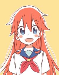 Rule 34 | 1girl, :d, blue eyes, blush stickers, close-up, female focus, flip flappers, looking at viewer, neckerchief, open mouth, orange background, orange hair, papika (flip flappers), school uniform, serafuku, short sleeves, simple background, smile, solo, wool bl, yellow background