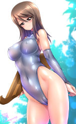 Rule 34 | 1girl, bare shoulders, blue leotard, blush, breasts, brown hair, cameltoe, cleft of venus, covered erect nipples, covered navel, dated, girls und panzer, hair between eyes, highleg, highleg leotard, impossible clothes, impossible leotard, instrument, kamogawa tanuki, kantele, large breasts, leotard, long hair, looking at viewer, mika (girls und panzer), shiny clothes, signature, smile, solo, swept bangs, twitter username, wrist cuffs