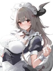 Rule 34 | 1girl, apron, black shirt, breasts, brown hair, character request, cyobiro, dragon girl, dragon horns, hands up, highres, horns, indie virtual youtuber, large breasts, long hair, looking at viewer, maid, maid apron, maid headdress, puffy short sleeves, puffy sleeves, red eyes, shirt, short sleeves, solo, upper body, very long hair, virtual youtuber, white background, wrist cuffs