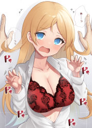 Rule 34 | 1boy, 1girl, @ @, binsen, blonde hair, blue eyes, blush, bra, breasts, cleavage, collared shirt, dress shirt, flying sweatdrops, hands up, highres, idolmaster, idolmaster million live!, kabedon, large breasts, long hair, long sleeves, looking at viewer, open clothes, open mouth, open shirt, parted bangs, red bra, shinomiya karen, shirt, solo focus, sweat, translation request, underwear, upper body, very long hair, wavy mouth, white shirt