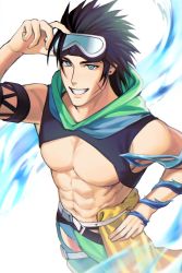 Rule 34 | 1boy, abs, absurdres, adjusting goggles, armband, asymmetrical bangs, bare shoulders, black hair, blue eyes, blue swim trunks, cowboy shot, earrings, final fantasy, final fantasy vii, final fantasy vii remake, from above, goggles, goggles on head, green swim trunks, grin, hair slicked back, hand on own hip, high collar, highres, jewelry, looking at viewer, looking up, male focus, male swimwear, medium hair, montaro, multicolored male swimwear, multicolored swim trunks, muscular, muscular male, pectorals, sideburns, single earring, smile, solo, swim trunks, teeth, torn clothes, torn male swimwear, white background, zack fair
