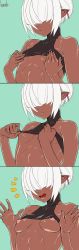 Rule 34 | 1boy, 3koma, :d, artist name, bad id, bad pixiv id, comic, covered eyes, crop top, dark-skinned male, dark skin, earrings, highres, jewelry, kuroino (0kuro8ino6), light areolae, male focus, nipples, open mouth, original, pointy ears, puffy chest, short hair, silent comic, simple background, smile, trap, white hair