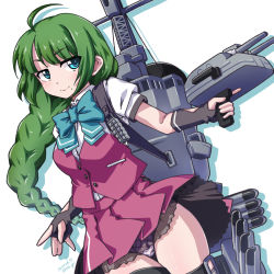 Rule 34 | 1girl, 547th sy, adapted turret, blazer, blouse, bow, bowtie, braid, breasts, cannon, cowboy shot, dress, fingerless gloves, gloves, green hair, grey thighhighs, gun, halterneck, highres, jacket, kantai collection, machinery, medium breasts, mole, mole under mouth, panties, pleated skirt, purple panties, purple skirt, rigging, school uniform, shirt, short sleeves, simple background, single braid, skirt, smoking, solo, thighhighs, torpedo launcher, turret, underwear, weapon, white background, white shirt, yuugumo (kancolle), yuugumo kai ni (kancolle)