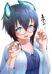Rule 34 | 1girl, :d, black hair, blue dress, blue eyes, blue jacket, blush, brown hair, claw pose, collarbone, commentary request, curled horns, dragon horns, dress, fangs, gradient hair, hair between eyes, hands up, highres, horns, jacket, kagarimachi konatsu, leaf-chan, long sleeves, looking at viewer, multicolored hair, open clothes, open jacket, open mouth, original, red-framed eyewear, semi-rimless eyewear, sharp teeth, simple background, smile, solo, teeth, translation request, under-rim eyewear, upper body, white background