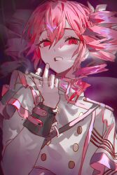 Rule 34 | 1girl, absurdres, between fingers, cigarette, drill hair, hair ribbon, hand up, highres, holding, holding cigarette, kasane teto, long sleeves, looking at viewer, muaooooo, red eyes, red hair, ribbon, shirt, smoke, solo, twin drills, twintails, utau, white ribbon, white shirt