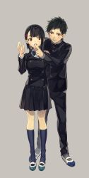 Rule 34 | 1boy, 1girl, bad id, bad pixiv id, black hair, black jacket, black pants, black skirt, blue bow, blue bowtie, blue socks, blunt bangs, blush, bow, bowtie, breasts, brown eyes, buttons, clenched teeth, finger to another&#039;s mouth, finger to mouth, flower, full body, green eyes, green hair, grey background, grey socks, hair flower, hair ornament, hand on another&#039;s shoulder, hand up, highres, jacket, kneehighs, looking at another, medium breasts, natsu natsuna, open mouth, original, pants, pleated skirt, school uniform, shoes, short hair, shushing, simple background, skirt, smile, socks, standing, teeth, uwabaki