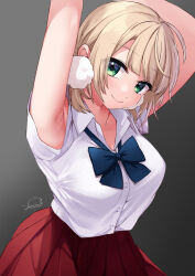 Rule 34 | 1girl, armpits, arms up, artist name, blonde hair, blue bow, blue bowtie, blunt bangs, blush, bow, bowtie, closed mouth, commentary request, dress shirt, festa11307070, gradient background, green eyes, grey background, hair ornament, indie virtual youtuber, looking at viewer, official alternate costume, outstretched arms, paid reward available, pleated skirt, pom pom (clothes), pom pom hair ornament, presenting armpit, red skirt, school uniform, shigure ui (vtuber) (2nd costume), shigure ui (vtuber), shirt, signature, simple background, skirt, smile, solo, upper body, virtual youtuber, white shirt