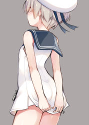 Rule 34 | 10s, 1girl, alternate costume, ass, blush, covering privates, covering ass, dress, from behind, hat, kantai collection, minamura haruki, sailor collar, sailor dress, sailor hat, short hair, silver hair, simple background, solo, z1 leberecht maass (kancolle)