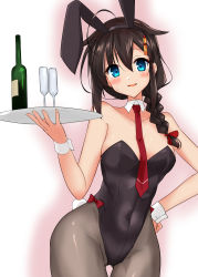 Rule 34 | 1girl, absurdres, ahoge, animal ears, black hair, black leotard, black pantyhose, blue eyes, bottle, braid, commentary request, covered navel, cup, detached collar, drinking glass, fake animal ears, hair flaps, hair over shoulder, highres, kantai collection, leotard, looking at viewer, necktie, pantyhose, playboy bunny, rabbit ears, rabbit tail, red necktie, shiba (zudha), shigure (kancolle), shigure kai ni (kancolle), single braid, solo, strapless, strapless leotard, tail, tray, wine glass, wrist cuffs