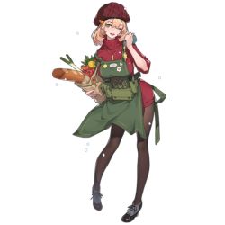 Rule 34 | 1girl, apron, bag, baguette, beret, beretta px4 storm, black footwear, blonde hair, bread, breasts, carrot, cheese, commentary request, cross-laced footwear, food, full body, girls&#039; frontline, green eyes, grocery bag, gun, hair between eyes, handgun, hat, high heels, holding, holding bag, holster, holstered, large breasts, looking at viewer, medium hair, official alternate costume, official art, one eye closed, open mouth, pantyhose, paper bag, pistol, px4 storm (girls&#039; frontline), px4 storm (queen of x&#039;mas morning) (girls&#039; frontline), rainli, red sweater, shoes, shopping bag, smile, snow, solo, spring onion, standing, sweater, tomato, transparent background, weapon
