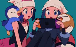 Rule 34 | 2girls, :d, akari (pokemon), beanie, black pantyhose, black shirt, blue eyes, blue hair, commentary, creatures (company), dawn (pokemon), eyelashes, game freak, gen 4 pokemon, gen 7 pokemon, green background, grey jacket, hair ornament, hairclip, handheld game console, happy, hat, head scarf, highres, holding, holding handheld game console, jacket, multiple girls, nintendo, nintendo switch, on shoulder, open mouth, pantyhose, pink skirt, piplup, playing games, poke ball print, pokemon, pokemon (creature), pokemon dppt, pokemon legends: arceus, pokemon on shoulder, rowlet, shirt, skirt, sleeveless, sleeveless shirt, smile, time paradox, tongue, tyako 089, white headwear