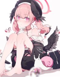 Rule 34 | 1girl, absurdres, animal, bag, barefoot, beret, black hat, black shirt, black wings, blue archive, blush, book, closed mouth, collarbone, halo, hat, head wings, highres, koharu (blue archive), long hair, long sleeves, looking at viewer, ogipote, pink eyes, pink hair, pink halo, pleated skirt, red skirt, sailor collar, sailor shirt, shirt, simple background, skirt, snail, solo, toes, twintails, white background, white sailor collar, wings