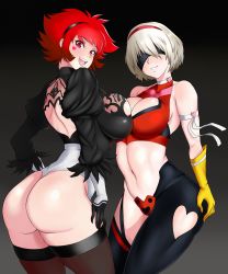 Rule 34 | 2b (nier:automata), 2girls, android, ass, ass grab, back, back cutout, backboob, black background, black gloves, black hairband, blouse, breast press, breasts, choker, cleavage, cleavage cutout, clothing cutout, cosplay, costume switch, crossover, curvy, cutie honey, cutie honey (character), female focus, from behind, gloves, gradient background, hairband, halterneck, hand on own ass, hand on own hip, hands on own hips, heart, heart cutout, heart tattoo, highleg, highleg leotard, highres, huge ass, kisaragi honey, leotard, magical girl, makeup, medium breasts, midriff, mkonstantinov, multiple girls, navel, nier:automata, nier (series), open mouth, re: cutie honey, red eyes, red hair, shiny skin, shirt, short hair, silver hair, skirt, sleeveless, sleeveless shirt, smile, symmetrical docking, tattoo, teeth, thick thighs, thighhighs, thighs, thong leotard, tongue, tongue out, unworn skirt, upper teeth only