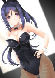 Rule 34 | 1girl, animal ears, black bow, black bowtie, blue hair, blush, bow, bowtie, breasts, cleavage, detached collar, fake animal ears, fishnets, frapowa, hair between eyes, hand on own hip, high ponytail, large breasts, leotard, long hair, looking at viewer, love live!, love live! sunshine!!, matsuura kanan, pantyhose, playboy bunny, ponytail, purple eyes, rabbit ears, sidelocks, sleeveless, smile, solo, strapless, window, wrist cuffs
