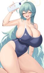 Rule 34 | 1girl, :d, ^ ^, abydos high school swimsuit, ahoge, aqua hair, arm up, bandaid, bare arms, bare shoulders, blue archive, blue one-piece swimsuit, bottle, breasts, cleavage, closed eyes, commentary, commentary request, covered navel, curvy, groin, hair intakes, halo, highres, holding, holding bottle, huge breasts, kneeling, kuavera, one-piece swimsuit, open mouth, sideboob, smile, solo, swimsuit, thick thighs, thighs, water bottle, yume (blue archive)