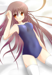 Rule 34 | 1girl, bad id, bad pixiv id, brown hair, competition swimsuit, long hair, lying, one-piece swimsuit, orange eyes, original, oumi neneha, school swimsuit, solo, swimsuit, thighhighs