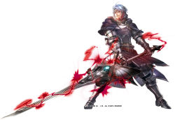 Rule 34 | 1boy, armor, aura, belt, blue hair, boots, capelet, chain, gauntlets, greaves, headband, holding, holding sword, holding weapon, huge weapon, legs apart, liduke, looking at viewer, male focus, monster hunter (series), official art, plate armor, simple background, smile, solo, sword, watermark, weapon, white background