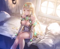 Rule 34 | 1girl, anbe yoshirou, bare shoulders, blonde hair, bracelet, breasts, cleavage, cleavage cutout, clothing cutout, collarbone, commentary request, covered navel, day, dress, earrings, elbow gloves, gem, gloves, headpiece, highres, indoors, jewelry, large breasts, long hair, looking at viewer, mythra (xenoblade), nintendo, on bed, pillow, round window, short dress, sitting, solo, swept bangs, thigh strap, tiara, translation request, very long hair, wall lamp, white gloves, window, xenoblade chronicles (series), xenoblade chronicles 2, yellow eyes