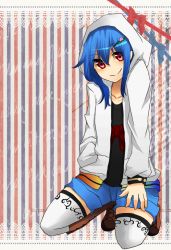 Rule 34 | 1girl, alternate costume, blue hair, boots, bow, contemporary, cross-laced footwear, female focus, hair ornament, hairclip, hinanawi tenshi, hood, hooded jacket, hyou haku, jacket, knee boots, lace-up boots, no nose, open clothes, open jacket, red eyes, shorts, smile, solo, striped, striped background, thighhighs, touhou, white thighhighs