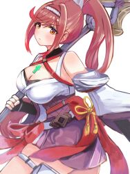 Rule 34 | 1girl, bare shoulders, black gloves, blush, breasts, chest jewel, chromatic aberration, cleavage, closed mouth, detached sleeves, eyelashes, eyes visible through hair, fingerless gloves, glimmer (xenoblade), gloves, hair intakes, hairband, high ponytail, highres, japanese clothes, kimono, large breasts, long hair, looking at viewer, orange eyes, pink hair, ponytail, red hairband, simple background, solo, swept bangs, thigh strap, tochiryo, two-tone hairband, white background, white hairband, white kimono, white sleeves, xenoblade chronicles (series), xenoblade chronicles 3, xenoblade chronicles 3: future redeemed
