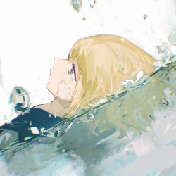 Rule 34 | 1girl, absurdres, bandage on face, bandages, blonde hair, chromatic aberration, closed mouth, commentary request, dutch angle, flower, grey eyes, highres, lobelia (saclia), lying on water, original, portrait, profile, reflection, short hair, solo, water, white flower