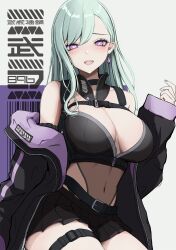 Rule 34 | 1girl, alternate costume, arm strap, bare shoulders, belt, black belt, black bustier, black jacket, black shirt, black skirt, blush, breasts, bustier, center opening, chest strap, detached collar, earrings, green hair, heart, heart-shaped pupils, highres, jacket, jewelry, large breasts, long hair, looking at viewer, loose belt, midriff, miniskirt, multicolored clothes, multicolored jacket, navel, noli-pee (little stupid), nose blush, off shoulder, open clothes, open jacket, open mouth, pleated skirt, purple eyes, purple jacket, purple nails, see-through, shirt, single earring, skirt, smile, solo, swept bangs, symbol-shaped pupils, thigh strap, triangle, two-tone jacket, unzipped, virtual youtuber, vspo!, white background, yakumo beni, zipper, zipper pull tab