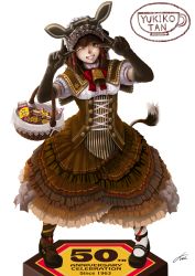 Rule 34 | 1girl, ;), akitaken (non faciem), animal ears, asymmetrical legwear, bad id, bad pixiv id, basket, bell, black gloves, brown eyes, brown hair, capelet, coffee, corset, cow ears, cow tail, cowbell, double v, elbow gloves, fake animal ears, frilled skirt, frills, gloves, grin, hair ribbon, headdress, highres, lace, lace-trimmed gloves, lace trim, long skirt, mary janes, mascot, milk carton, mismatched legwear, one eye closed, original, personification, pigeon-toed, product girl, ribbon, shoes, short hair, skirt, smile, solo, tail, v, v over eye, yukico-tan, yukijirushi