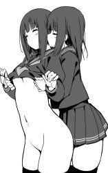 Rule 34 | 2girls, assisted exposure, blunt bangs, blush, bottomless, breasts, closed eyes, clothes lift, commentary request, from side, greyscale, highres, long sleeves, monochrome, multiple girls, navel, neckerchief, original, pleated skirt, school uniform, serafuku, shirt, shirt lift, sidelocks, simple background, skirt, sky-freedom, small breasts, standing, stomach, thighhighs, underboob, white background