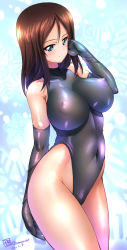 Rule 34 | 1girl, bare shoulders, black gloves, black leotard, blue eyes, blush, breasts, brown hair, collarbone, covered erect nipples, covered navel, dated, elbow gloves, girls und panzer, gloves, hand in own hair, highleg, highleg leotard, highres, impossible clothes, kamogawa tanuki, large breasts, leotard, long hair, looking at viewer, nonna (girls und panzer), shiny clothes, smile, solo, twitter username
