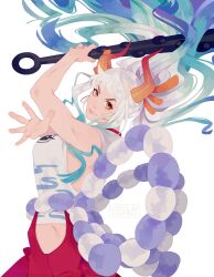 Rule 34 | 1girl, arm up, blue hair, club, club (weapon), commentary, earrings, english commentary, eyelashes, floating hair, green hair, hair ornament, hakama, highres, holding, holding weapon, horns, japanese clothes, jewelry, kanabou, kimono, looking at viewer, multicolored hair, one piece, orange eyes, ponytail, profile, purple hair, red hakama, rope, shimenawa, shirt, sidelocks, simple background, sleeveless, sleeveless kimono, solo, v-shaped eyebrows, vonnabeee, weapon, white hair, white kimono, white shirt, yamato (one piece)